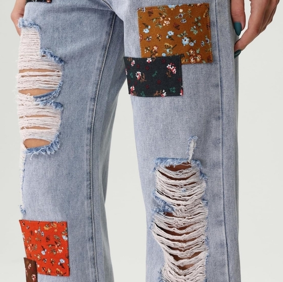 Cider Patchwork Distressed Boyfriend Denim Jeans Size L 15/29 Blue Boho - Picture 4 of 16